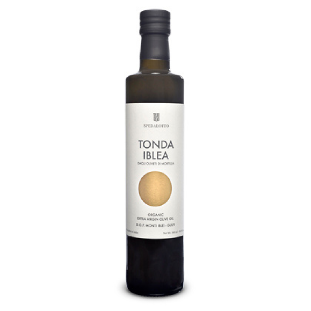 Bottle of Tonda Iblea olive oil on a white background