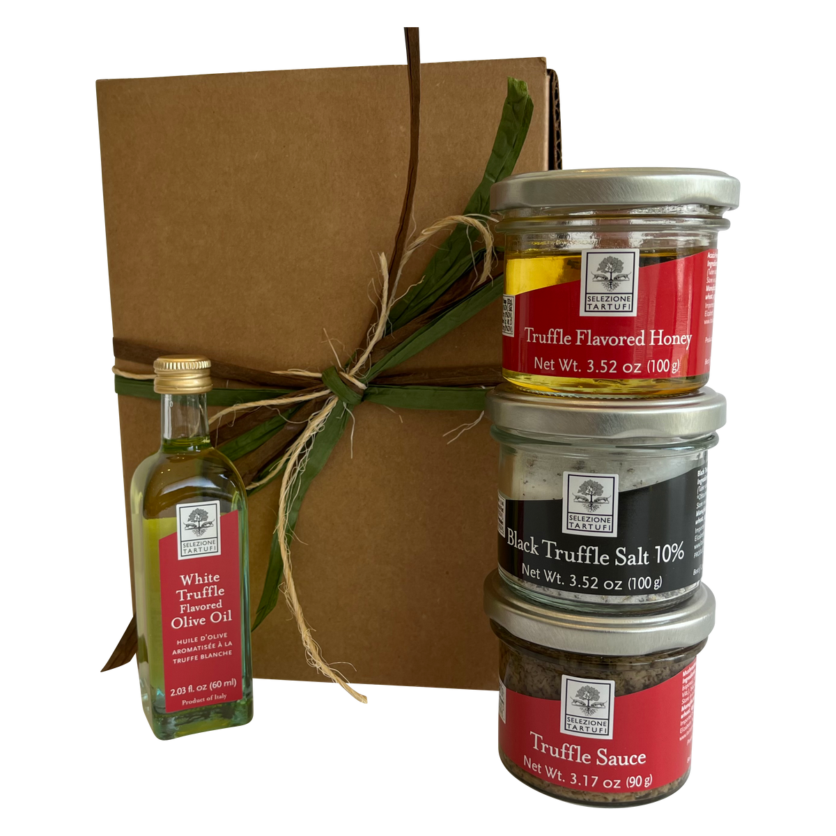 Tartufi Amore Gift Set with 60ml White Truffle Flavored Oil, 100 gram Truffle Flavored Honey, 10% Truffle Salt, and Truffle Sauce
