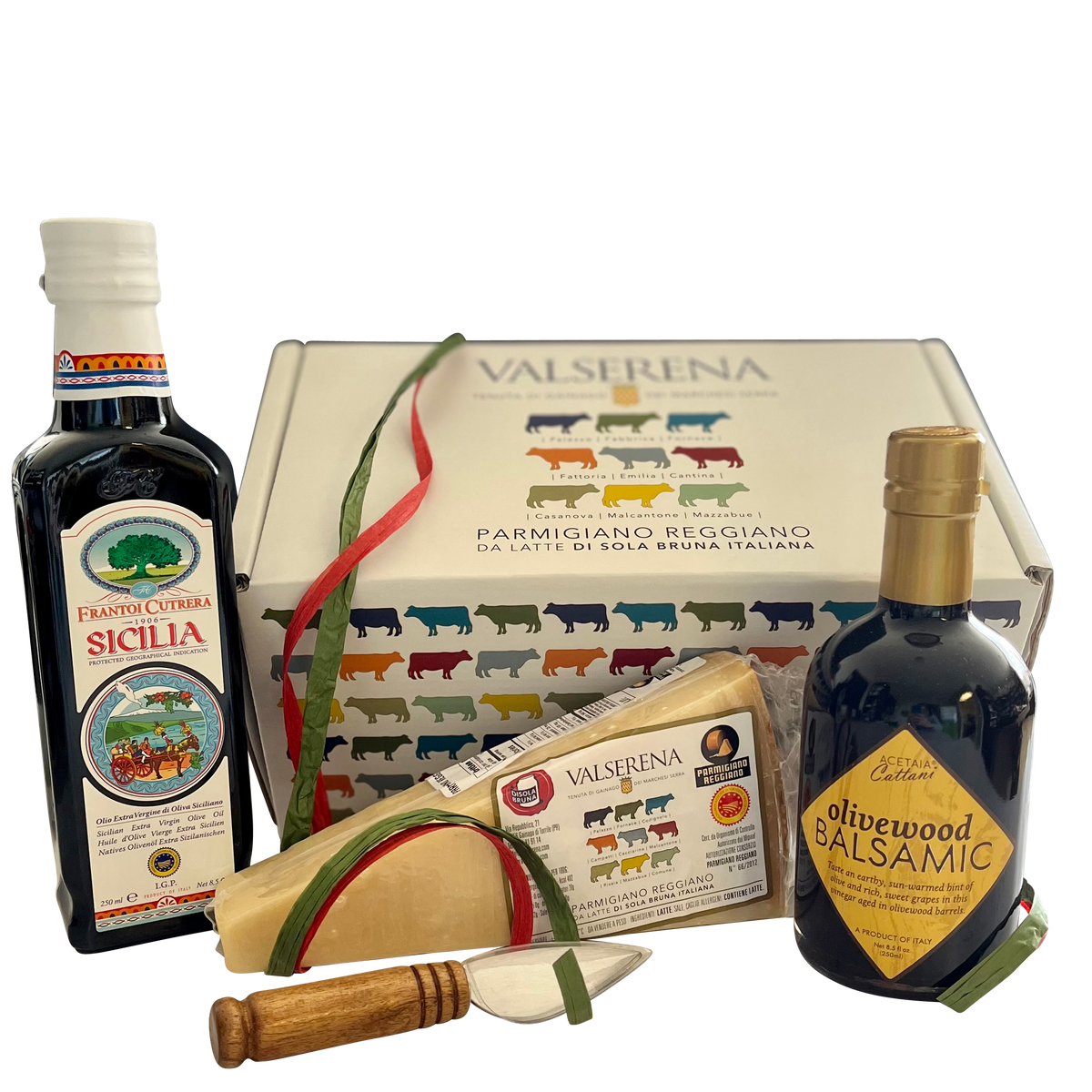 Valserena Parmigiano Reggiano DOP Gift Set with IGP Sicilia EVOO, olivewwod balsmic, Cheese knife  VLS-001-IGP